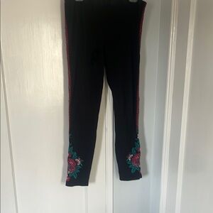 Johnny Was Black and Red Leggings with Floral Embellishments